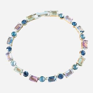 Pastel Faceted Glass Rectangles and Circles Silver Tone Tennis Bracelet